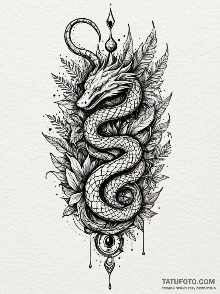 Jungle serpent crowned with starlight, tattoo... - эскиз тату (№1751754188_0, 05.07.2025 22:23) — Tatufoto.com