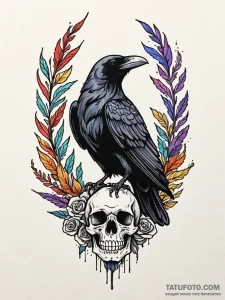A raven perched on a skull, tattoo line art,... - эскиз тату (№1751754272_0, 05.07.2025 22:24) — Tatufoto.com