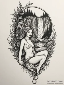 Nymph resting by a waterfall, her hair mingli... - эскиз тату (№1751755367_0, 05.07.2025 22:42) — Tatufoto.com
