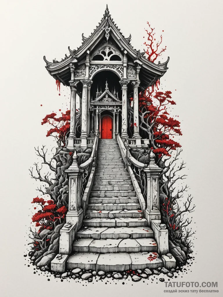 Black sunken temple with bone stairs, artisti... - эскиз тату (№1751755701_0, 05.07.2025 22:48) — Tatufoto.com
