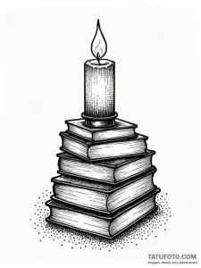A stack of old books with a lit candle on top... - эскиз тату (№1751755785_0, 05.07.2025 22:49) — Tatufoto.com