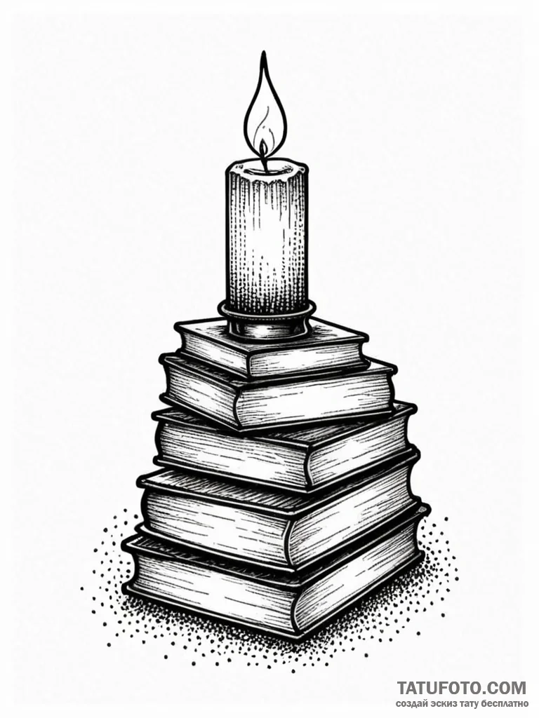 A stack of old books with a lit candle on top... - эскиз тату (№1751755785_0, 05.07.2025 22:49) — Tatufoto.com