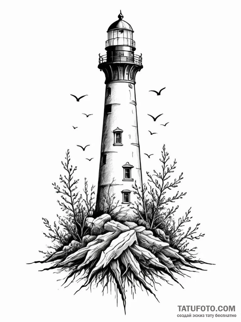 Lighthouse foundation overgrown with roots, i... - эскиз тату (№1751755954_0, 05.07.2025 22:52) — Tatufoto.com