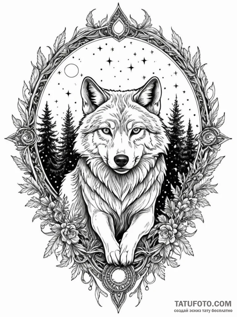 Astral wolf hunting through cosmic forest, ar... - эскиз тату (№1751756039_0, 05.07.2025 22:53) — Tatufoto.com