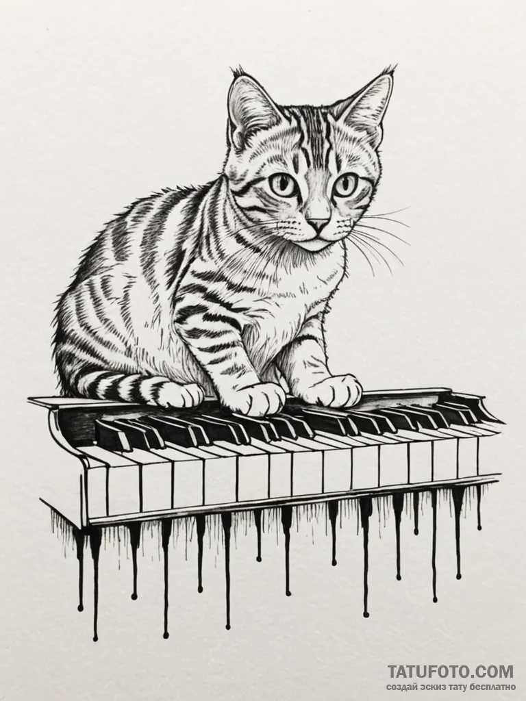 Piano keys on which a cat's paws are delicate... - эскиз тату (№1751756379_0, 05.07.2025 22:59) — Tatufoto.com