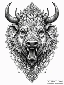 Boar's head, fierce and bristling, with tusks... - эскиз тату (№1751756548_0, 05.07.2025 23:02) — Tatufoto.com