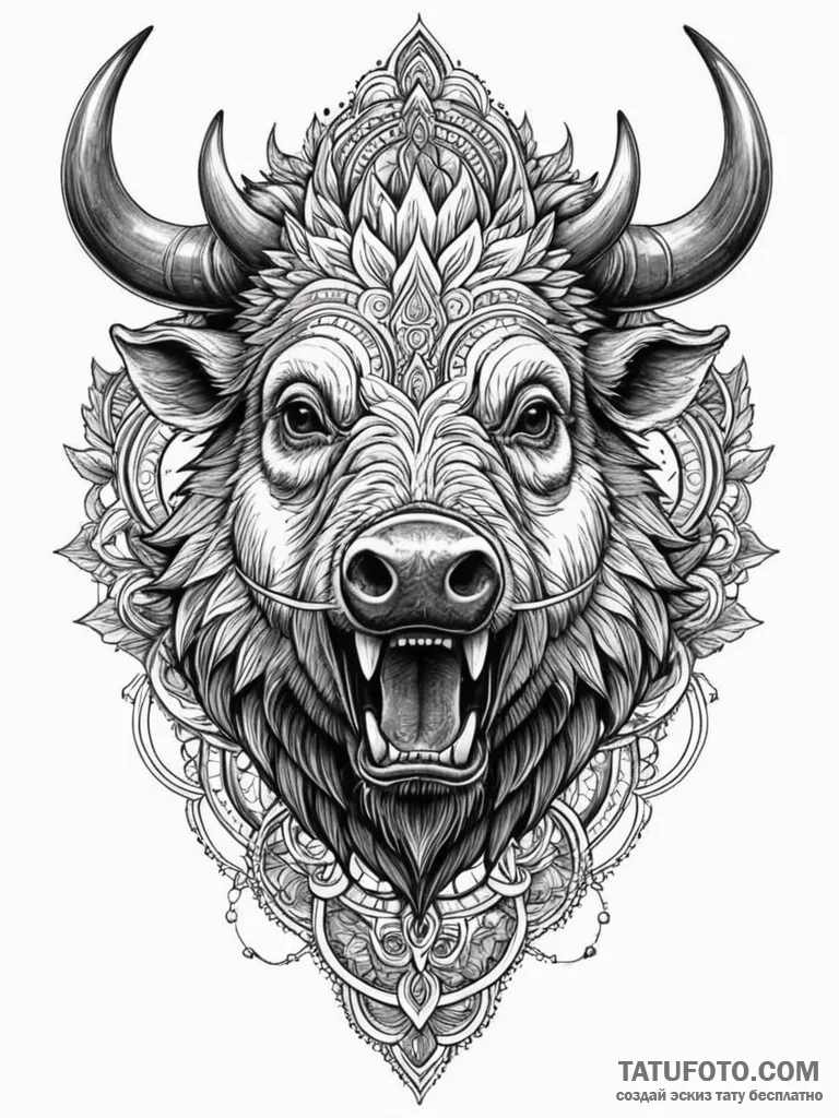 Boar's head, fierce and bristling, with tusks... - эскиз тату (№1751756548_0, 05.07.2025 23:02) — Tatufoto.com