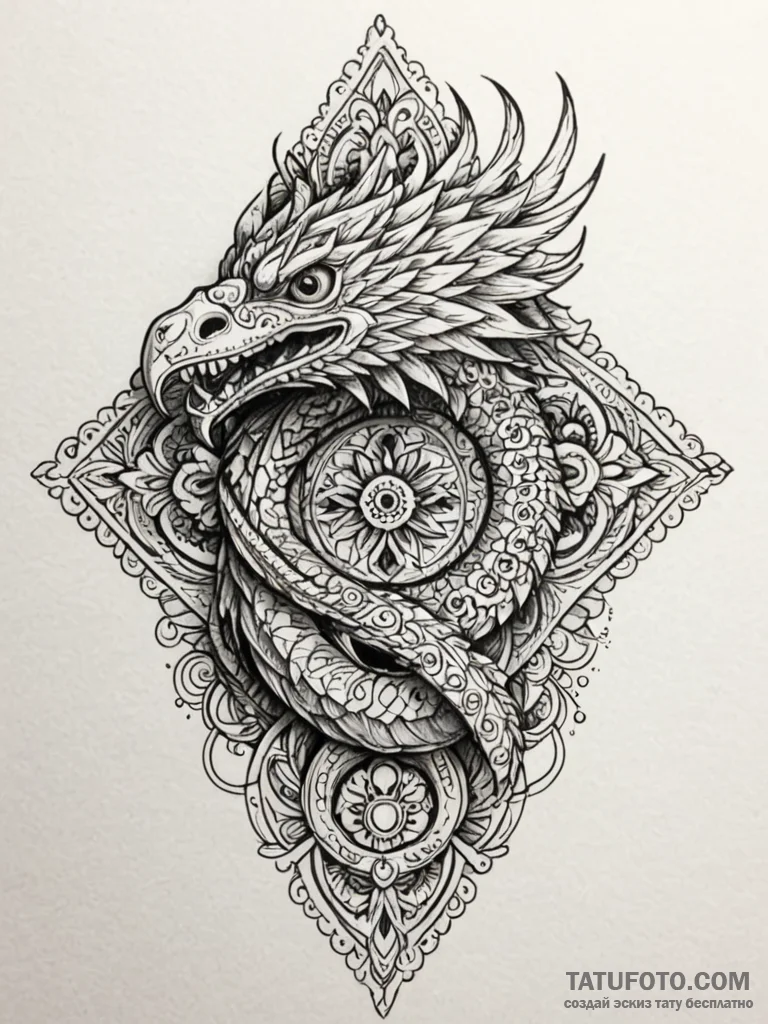 Quetzalcoatl, ink illustration for tattoo, hi... - эскиз тату (№1751757397_0, 05.07.2025 23:16) — Tatufoto.com