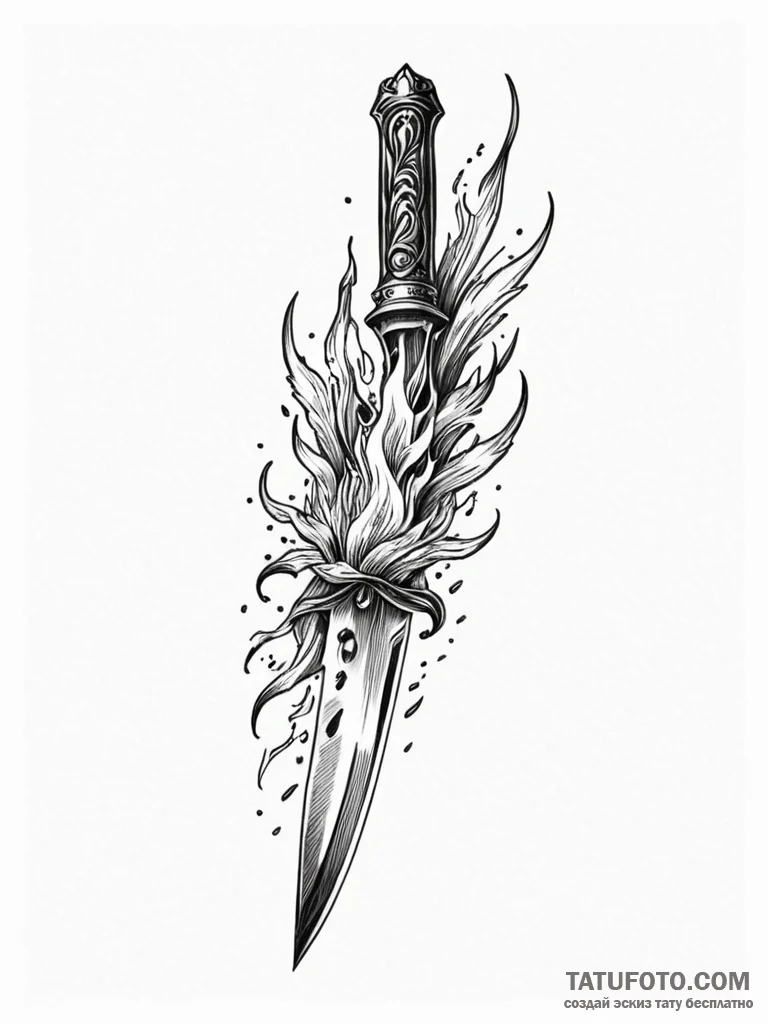 Knife wrapped in spectral flames, ink illustr... - эскиз тату (№1751757736_0, 05.07.2025 23:22) — Tatufoto.com