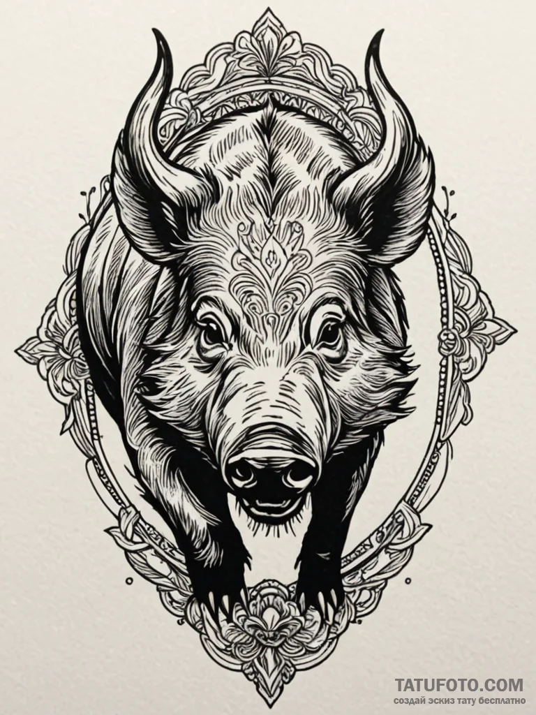 Wild boar with tusks of obsidian, tattoo flas... - эскиз тату (№1751758332_0, 05.07.2025 23:32) — Tatufoto.com