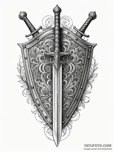 Shield and sword, tattoo line art, on a clean... - эскиз тату (№1751759520_0, 05.07.2025 23:52) — Tatufoto.com