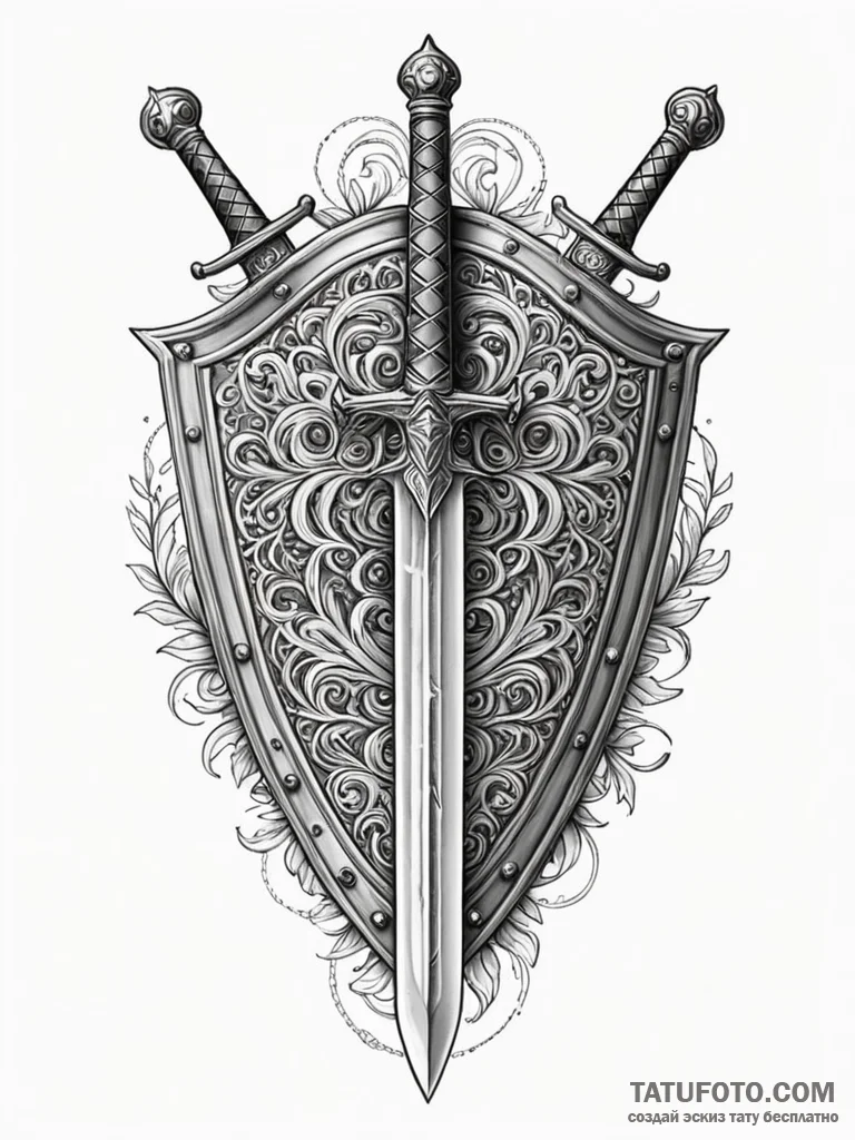 Shield and sword, tattoo line art, on a clean... - эскиз тату (№1751759520_0, 05.07.2025 23:52) — Tatufoto.com