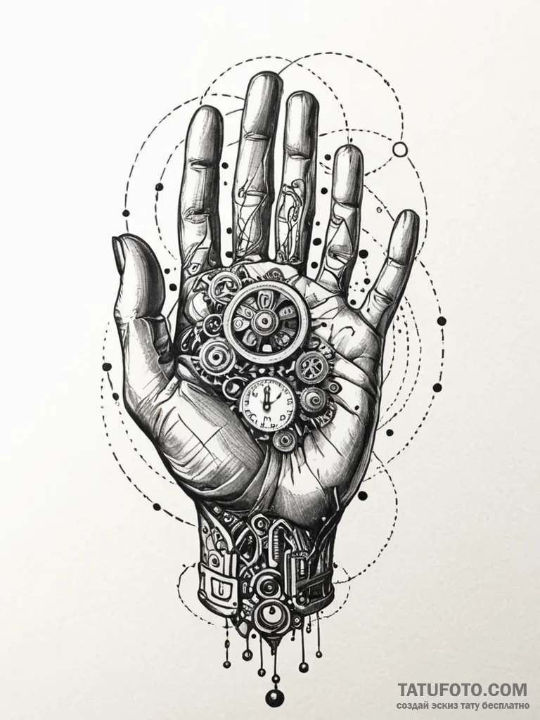 Watchmaker's hands assembling a miniature uni... - эскиз тату (№1751759940_0, 05.07.2025 23:59) — Tatufoto.com