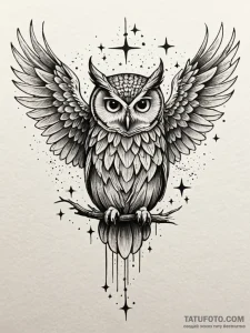 Owl wings beneath starry sky, tattoo flash sh... - эскиз тату (№1751760024_0, 06.07.2025 00:00) — Tatufoto.com