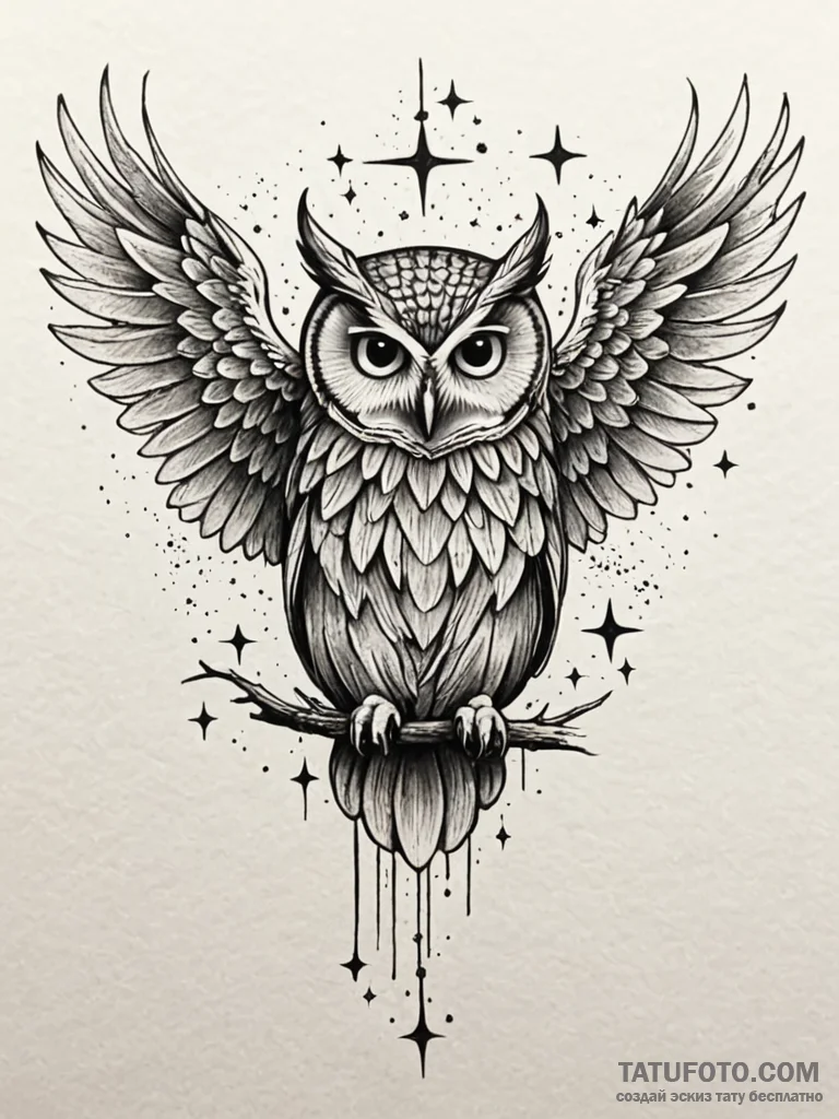 Owl wings beneath starry sky, tattoo flash sh... - эскиз тату (№1751760024_0, 06.07.2025 00:00) — Tatufoto.com