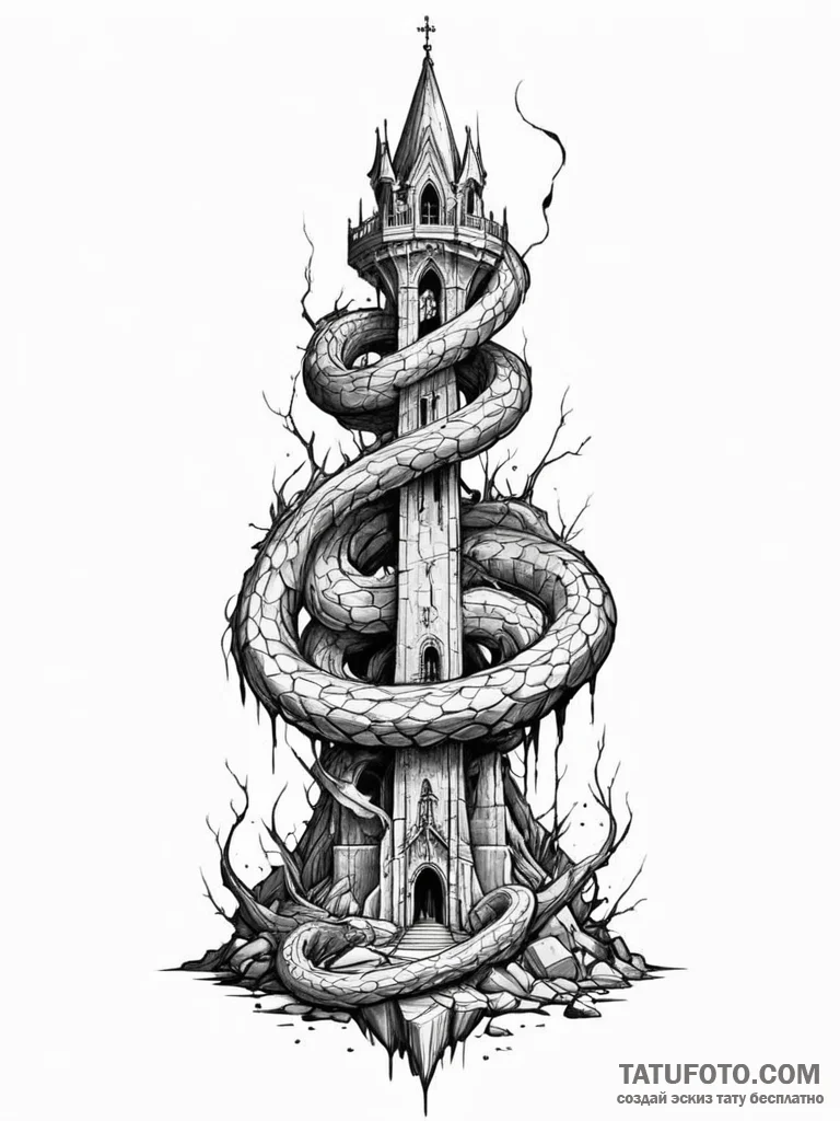 Graven serpent through shattered spire, conce... - эскиз тату (№1751760194_0, 06.07.2025 00:03) — Tatufoto.com