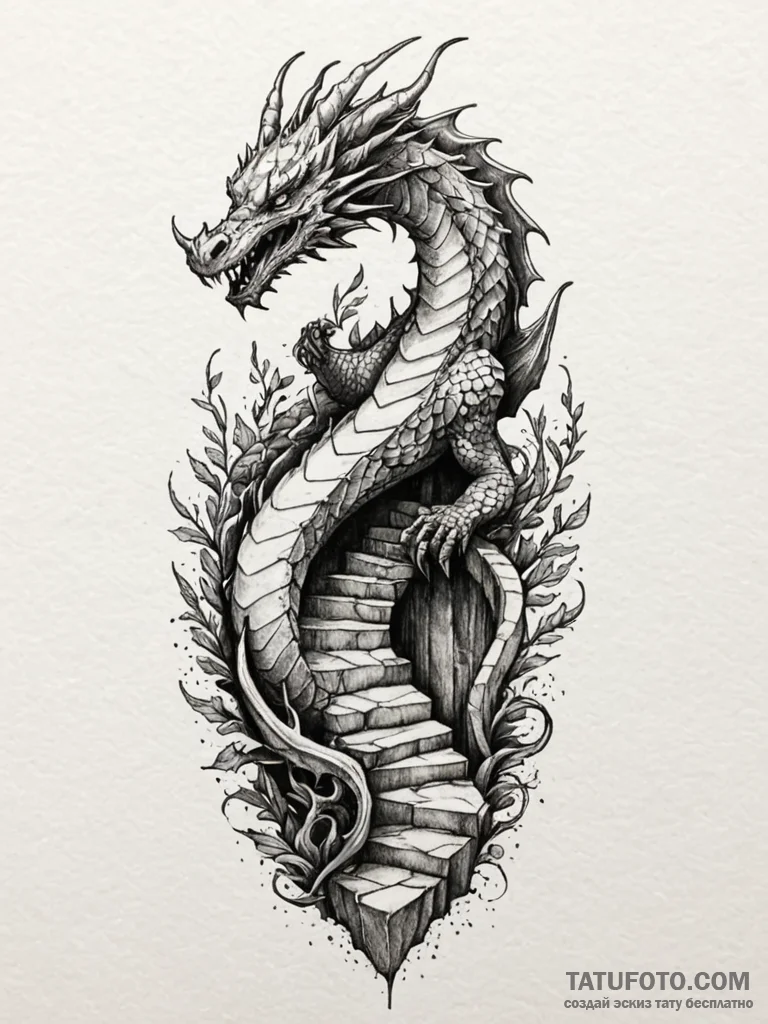 Dragon's spine used as a railing for a dark,... - эскиз тату (№1751760530_0, 06.07.2025 00:08) — Tatufoto.com