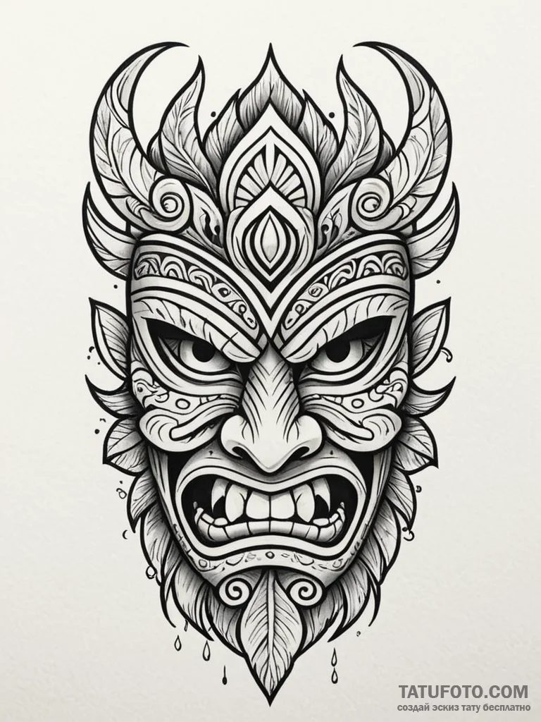 A polynesian tiki mask, concept art for tatto... - эскиз тату (№1751761291_0, 06.07.2025 00:21) — Tatufoto.com