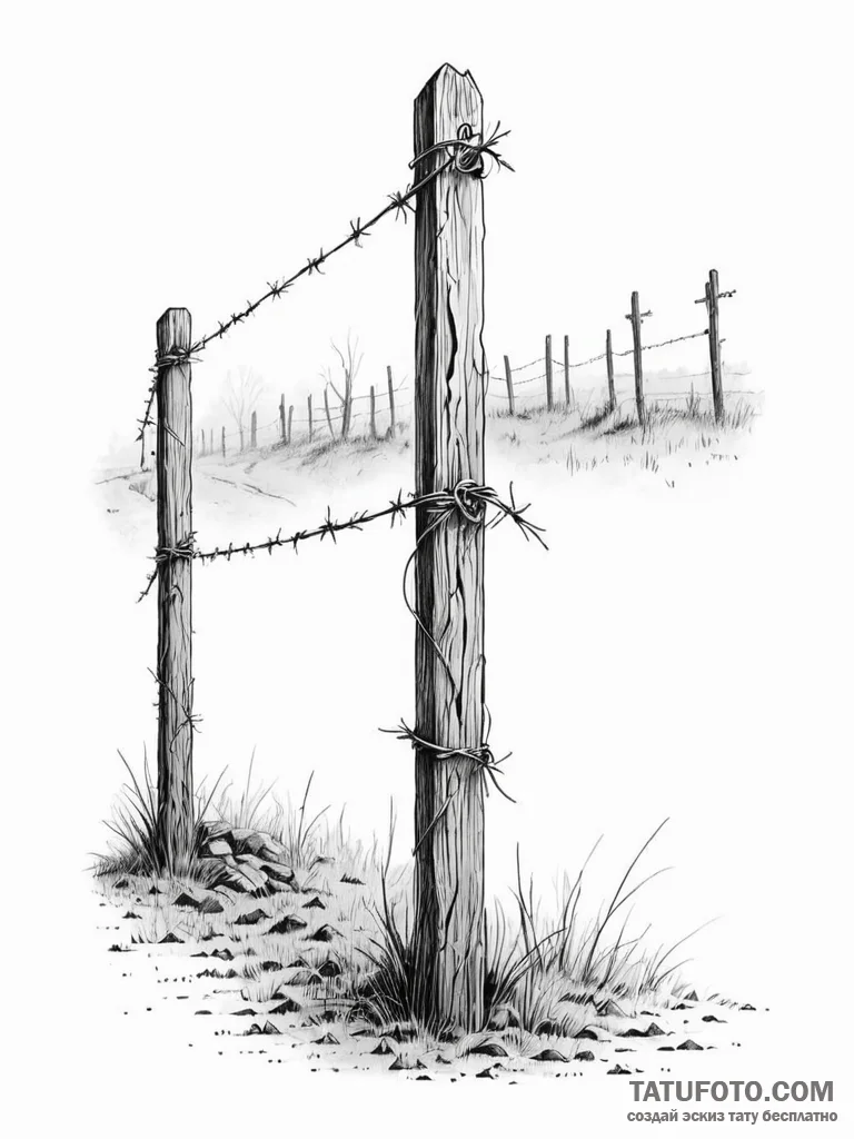 A classic barbed wire fence in fog, bleak,, a... - эскиз тату (№1751761967_0, 06.07.2025 00:32) — Tatufoto.com