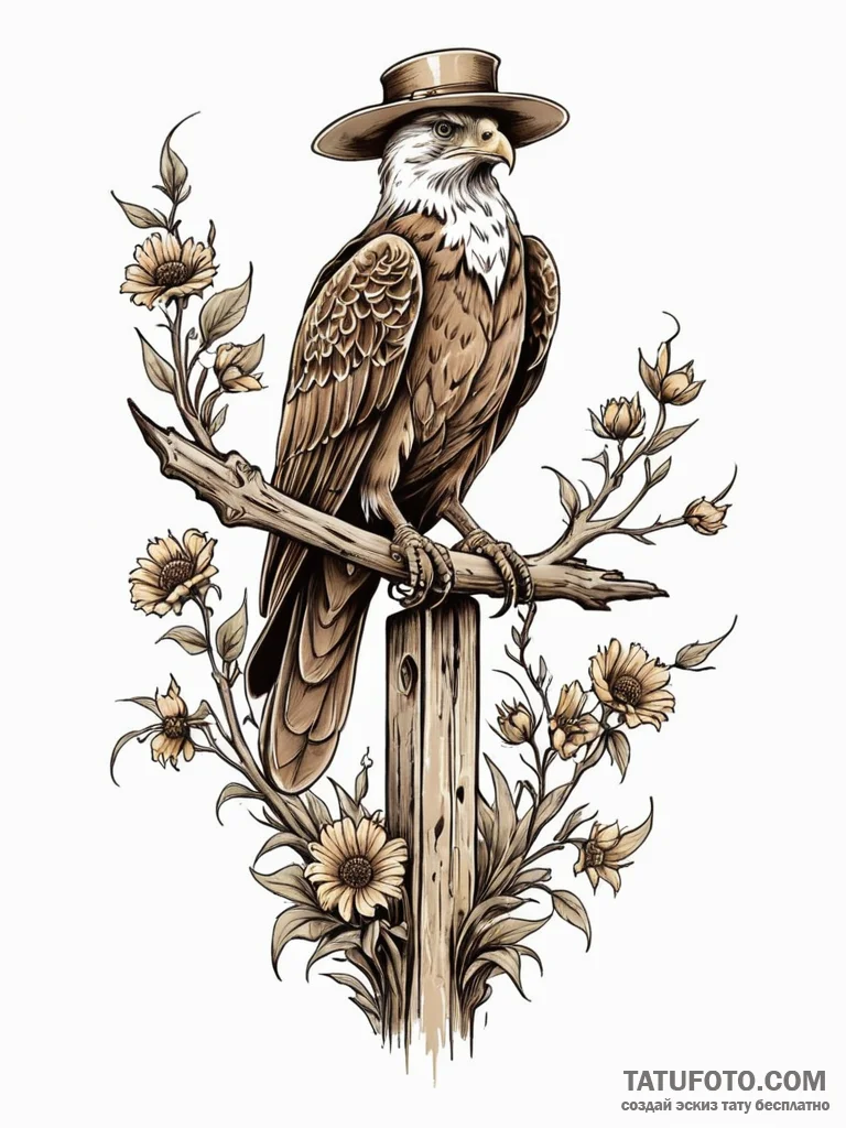 Buzzard perched on a weathered scarecrow, tat... - эскиз тату (№1751762051_0, 06.07.2025 00:34) — Tatufoto.com