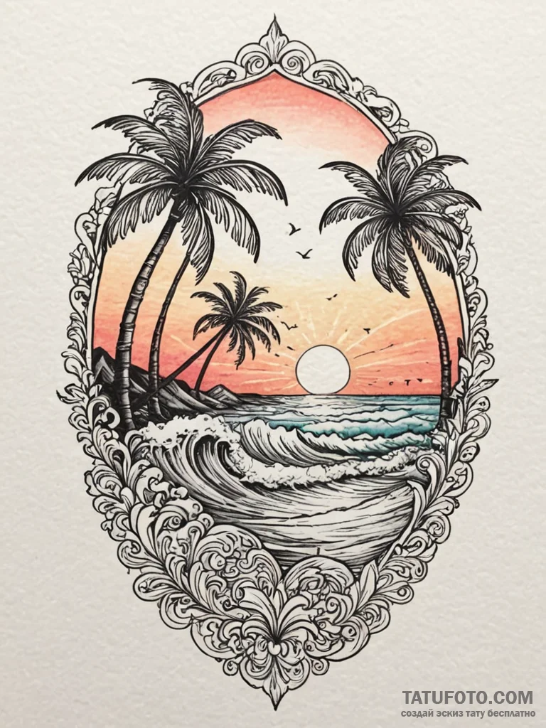 A serene beach scene with palm trees and ocea... - эскиз тату (№1751762303_0, 06.07.2025 00:38) — Tatufoto.com