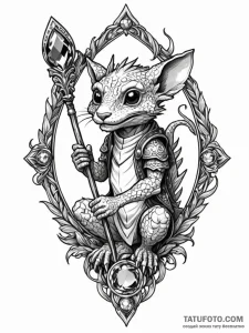 Kobold holding gemstone staff, artistic tatto... - эскиз тату (№1751762471_0, 06.07.2025 00:41) — Tatufoto.com