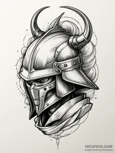 Kabuto helmet cracked in battle, tattoo flash... - эскиз тату (№1751762639_0, 06.07.2025 00:43) — Tatufoto.com