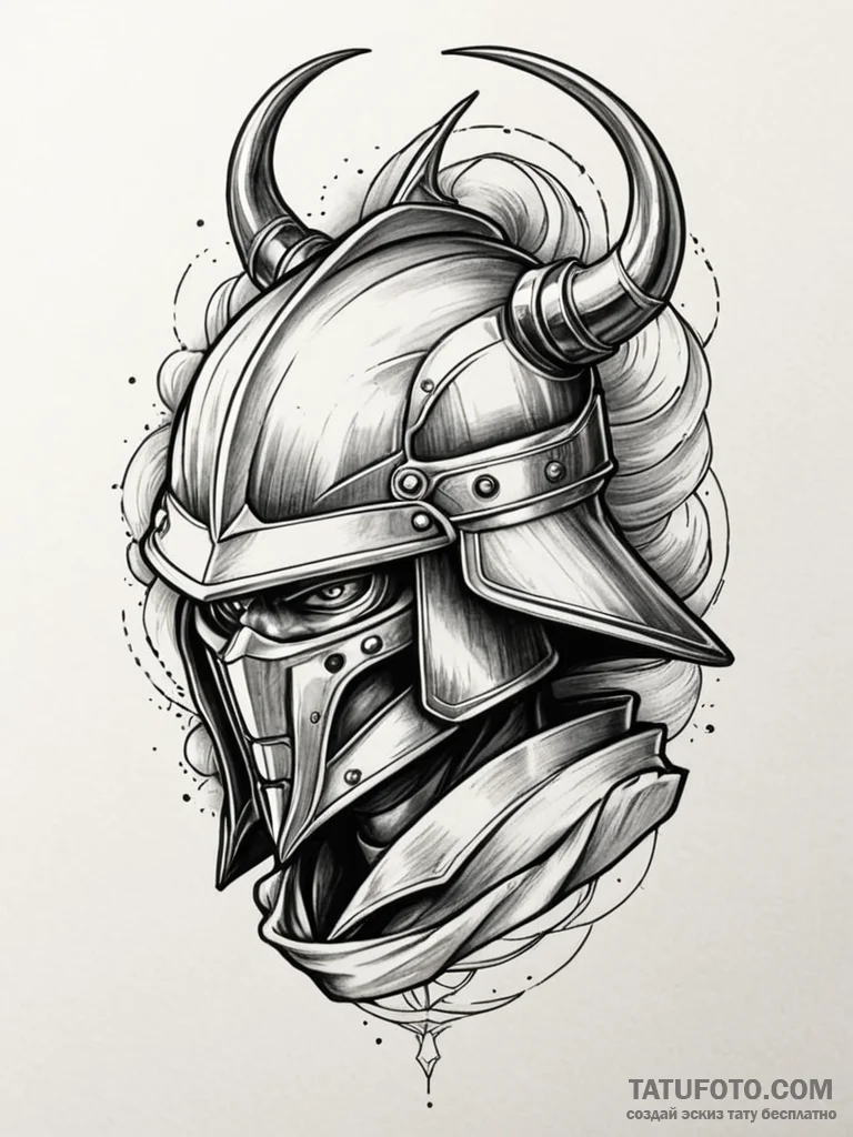 Kabuto helmet cracked in battle, tattoo flash... - эскиз тату (№1751762639_0, 06.07.2025 00:43) — Tatufoto.com