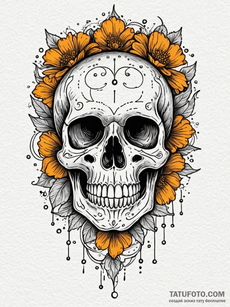 Marigold skull (calavera), elegant and ornate... - эскиз тату (№1751762975_0, 06.07.2025 00:49) — Tatufoto.com
