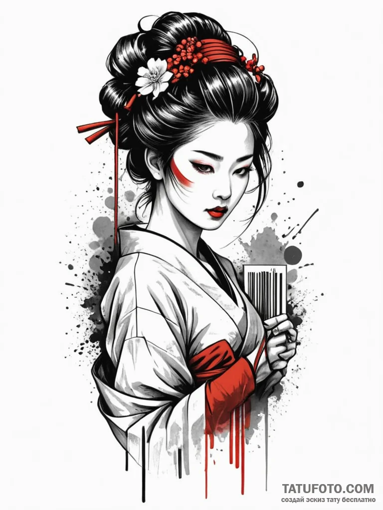 Dystopian geisha with a barcode tattooed on h... - эскиз тату (№1751763820_0, 06.07.2025 01:03) — Tatufoto.com