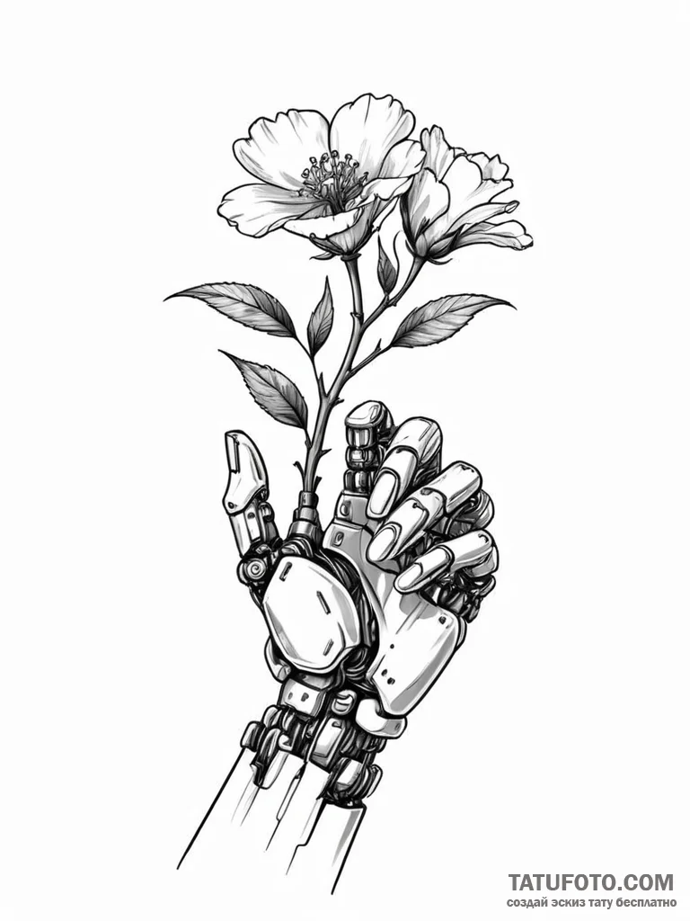 Robotic hand holding a real flower - эскиз тату (№1751763903_0, 06.07.2025 01:05) — Tatufoto.com