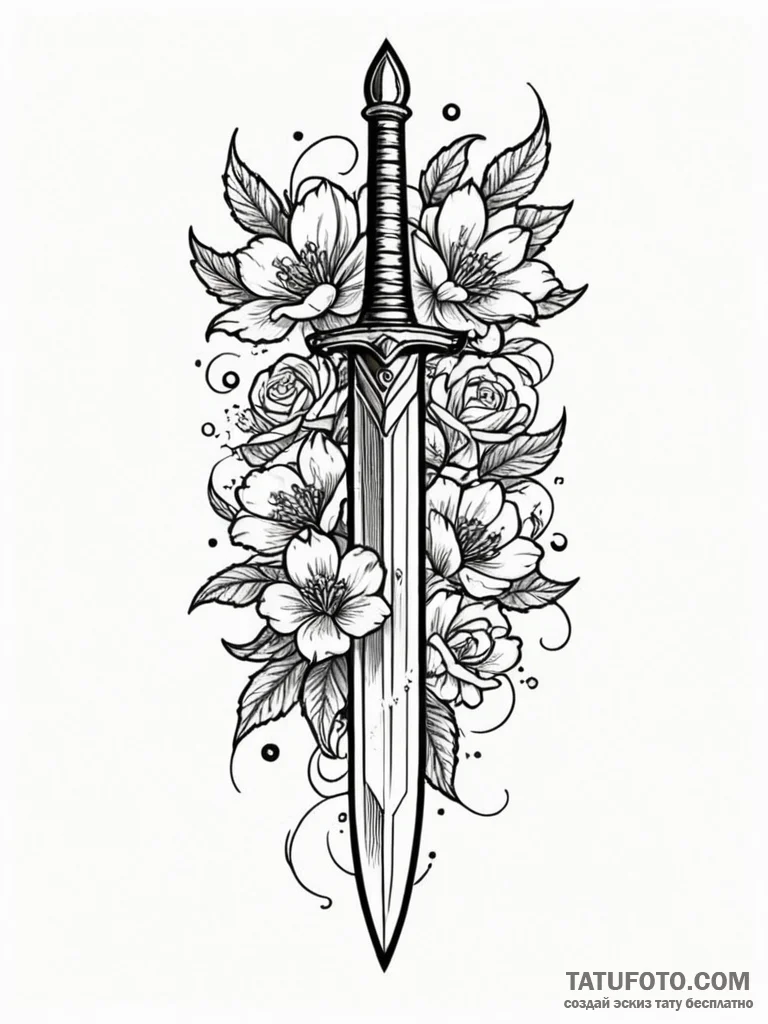 Oak dagger beneath celestial bloom, tattoo dr... - эскиз тату (№1751764072_0, 06.07.2025 01:07) — Tatufoto.com