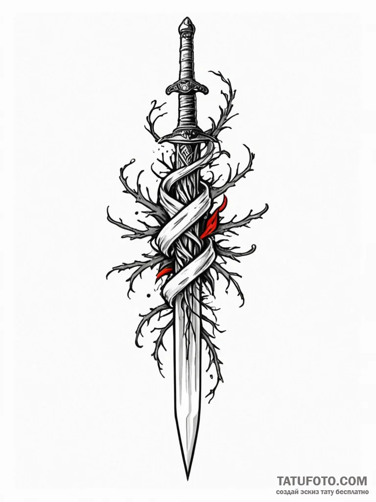 Bone dagger entwined with roots, tattoo drawi... - эскиз тату (№1751764582_0, 06.07.2025 01:16) — Tatufoto.com