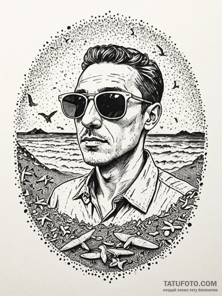 Sunglasses, reflecting a beach scene, ink ill... - эскиз тату (№1751764752_0, 06.07.2025 01:19) — Tatufoto.com