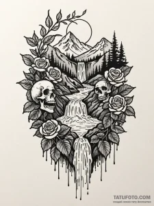 An active waterfall cascading into a pristine... - эскиз тату (№1751765685_0, 06.07.2025 01:34) — Tatufoto.com