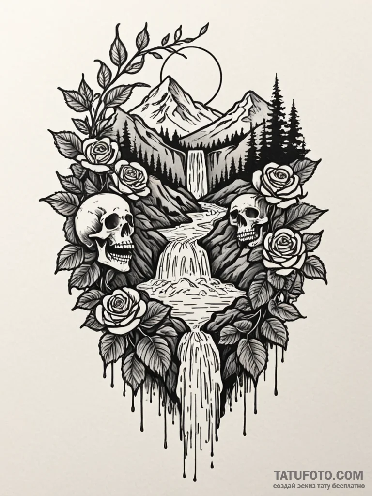 An active waterfall cascading into a pristine... - эскиз тату (№1751765685_0, 06.07.2025 01:34) — Tatufoto.com