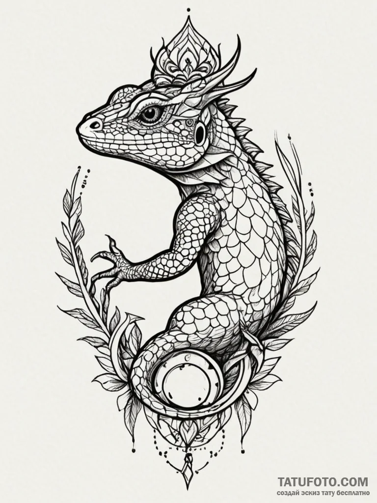 Lizard crowned in crystalline scales, tattoo… — эскиз тату (№1751766109_0, 06.07.2025 01:41) — Tatufoto.com