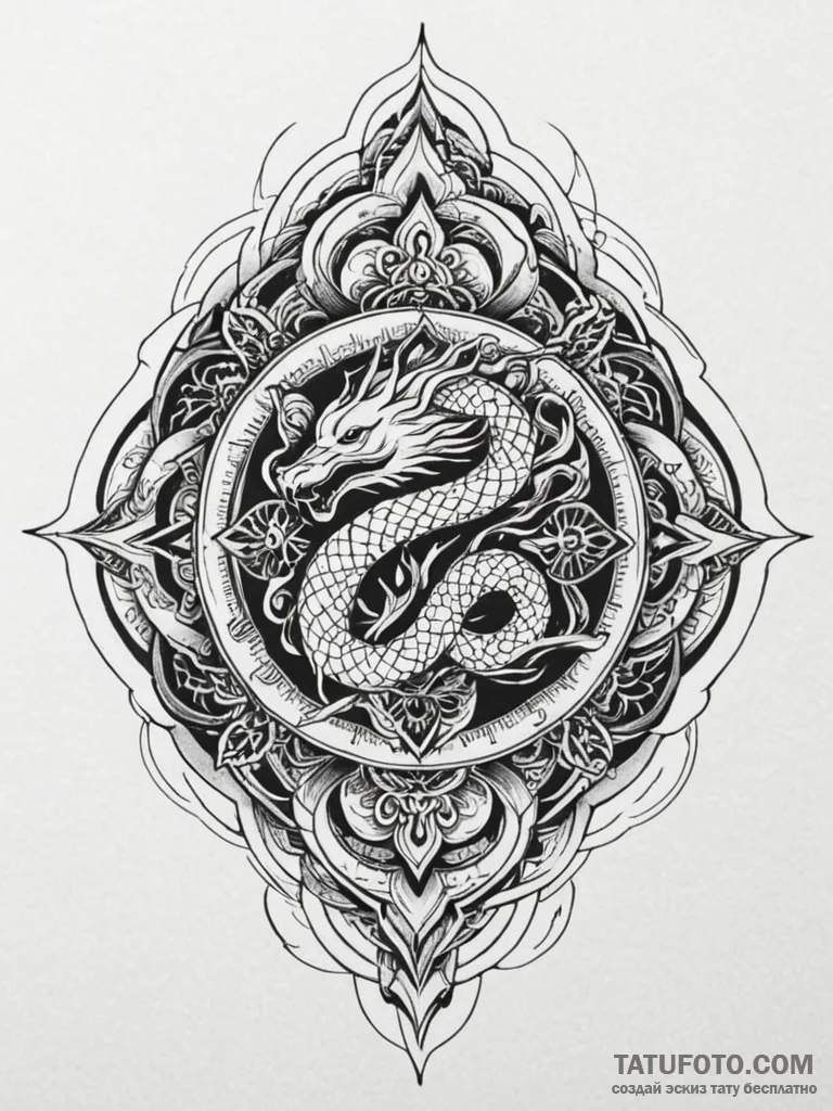 Jade serpent devouring celestial flame, tatto… — эскиз тату (№1751766194_0, 06.07.2025 01:43) — Tatufoto.com