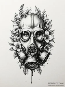 Gas mask with flowers growing through the fil... - эскиз тату (№1751766364_0, 06.07.2025 01:46) — Tatufoto.com