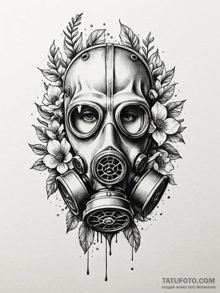 Gas mask with flowers growing through the fil... - эскиз тату (№1751766364_0, 06.07.2025 01:46) — Tatufoto.com