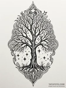 Ivory tree beneath burning stars, tattoo sket... - эскиз тату (№1751766619_0, 06.07.2025 01:50) — Tatufoto.com
