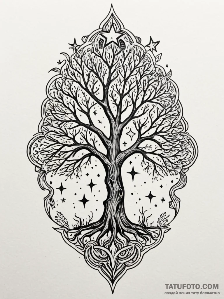 Ivory tree beneath burning stars, tattoo sket... - эскиз тату (№1751766619_0, 06.07.2025 01:50) — Tatufoto.com