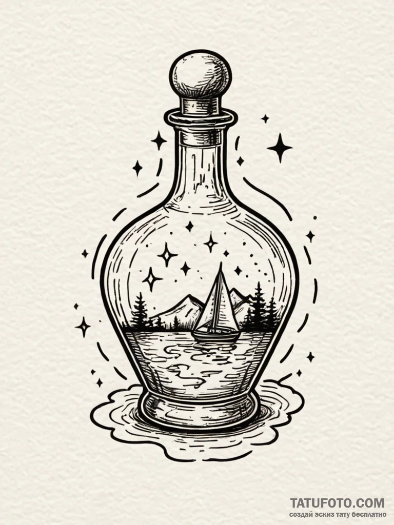 Potion bottle labeled "starlight," filled wit... - эскиз тату (№1751766703_0, 06.07.2025 01:51) — Tatufoto.com