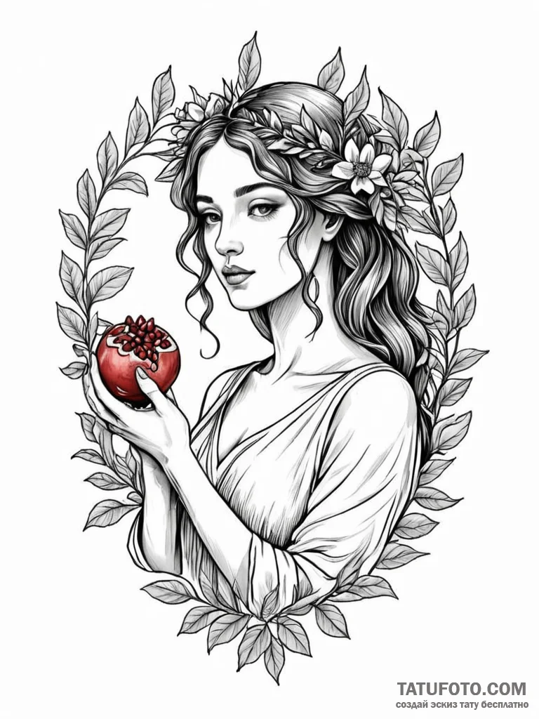 Persephone with a pomegranate — эскиз тату (№1751767039_0, 06.07.2025 01:57) — Tatufoto.com