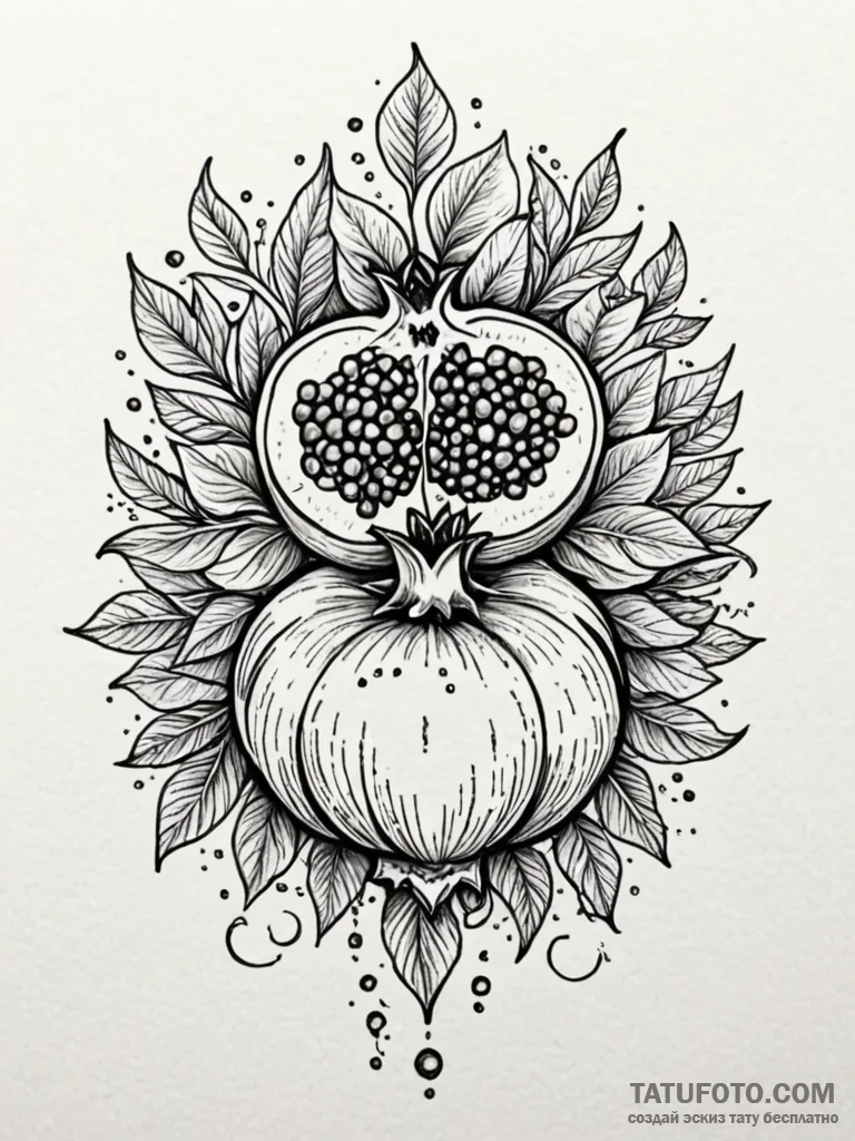 Pomegranate bursting with spectral seeds, tat… — эскиз тату (№1751767905_0, 06.07.2025 02:11) — Tatufoto.com