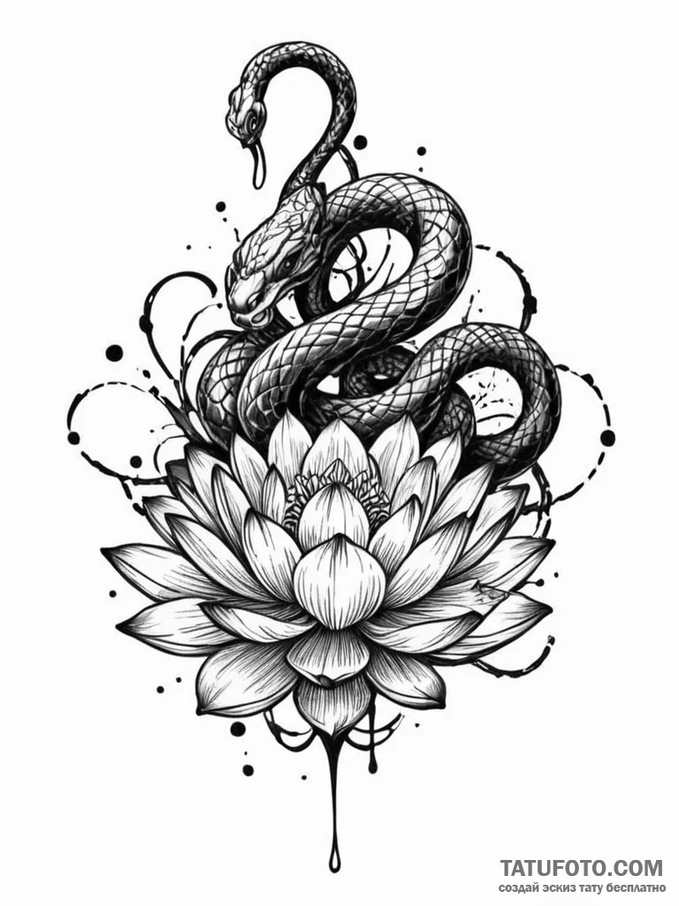 Cobra coiled around a black lotus, tattoo dra... - эскиз тату (№1751768169_0, 06.07.2025 02:16) — Tatufoto.com