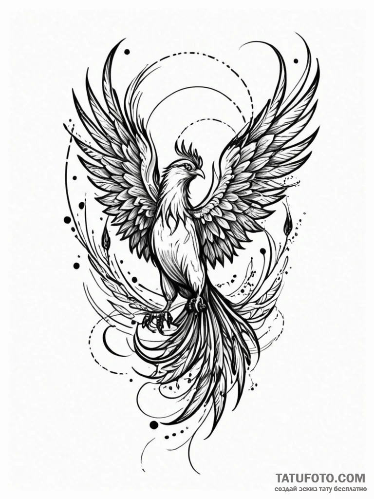 Phoenix with plumage of soft, sunset colors,... - эскиз тату (№1751768253_0, 06.07.2025 02:17) — Tatufoto.com