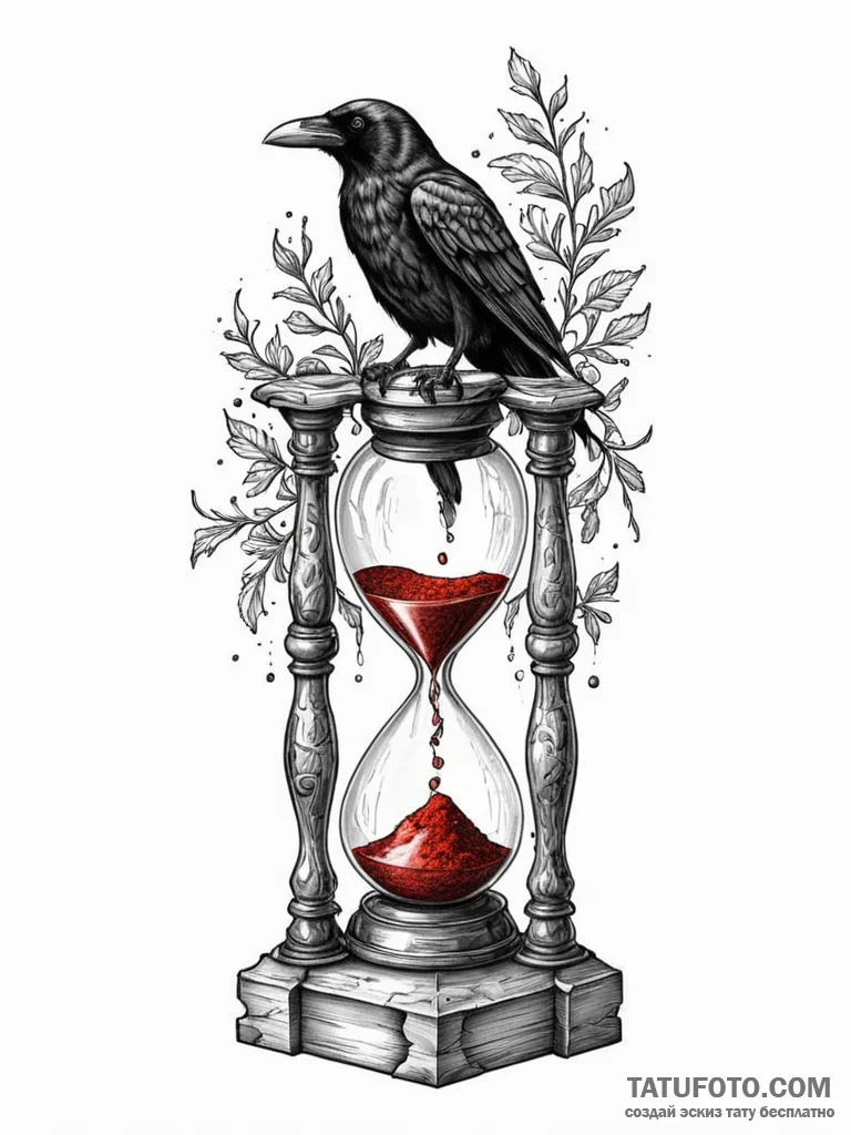 Bone raven perched on hourglass, ink illustra... - эскиз тату (№1751768337_0, 06.07.2025 02:18) — Tatufoto.com