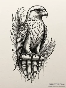 Falcon with metallic feathers, perched on a c... - эскиз тату (№1751768504_0, 06.07.2025 02:21) — Tatufoto.com