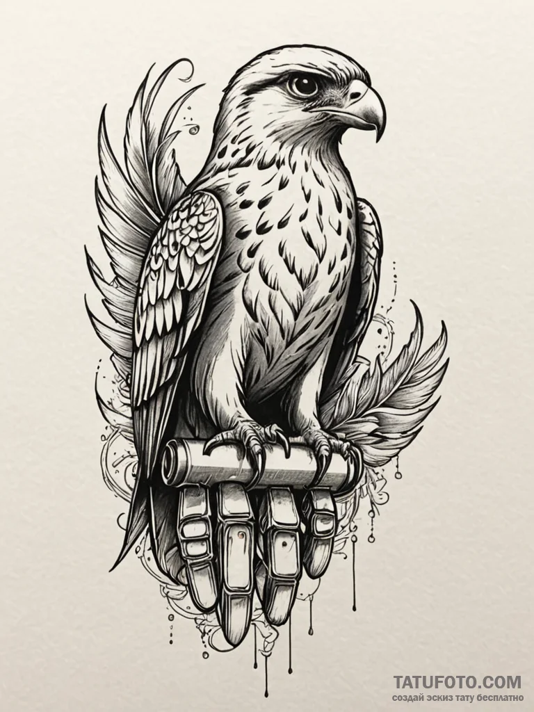 Falcon with metallic feathers, perched on a c... - эскиз тату (№1751768504_0, 06.07.2025 02:21) — Tatufoto.com